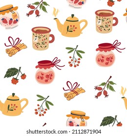 Cozy Tea seamless pattern. Teapot, cups, jam, berries, cinnamon. Hot drinks background. Cute beverages kitchen texture, textile design. Autumn or winter holidays. Vector cartoon illustration