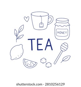 Cozy tea themed doodle composition including a cup, honey jar, honey dipper, lemon, sugar cubes, tea leaves and Tea lettering. Simple hand drawn outline illustration isolated on white background for healthy lifestyle projects, tea packaging, greeting cards and printable products.