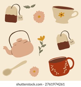 Cozy Tea Time Clipart Set with Teapot Tea Bag and Floral