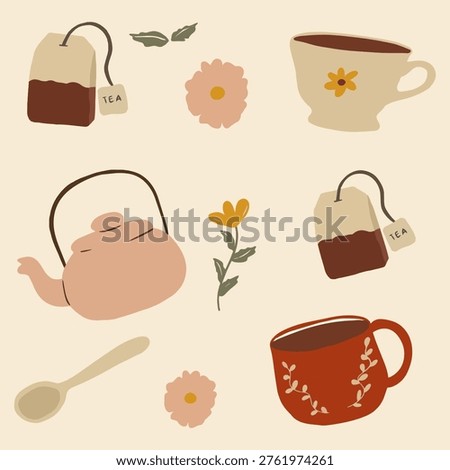Cozy Tea Time Clipart Set with Teapot Tea Bag and Floral