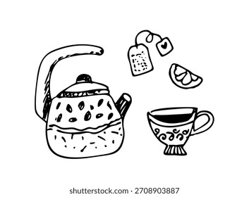 Coleção de Doodle Acolhedor Hora Chá. Kettle, Teabag, Limão e Conjunto de Taça Decorativa. Ilustração De Vetor Desenhada À Mão De Contorno