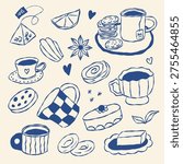 Cozy tea time illustrations in blue ink. Cups, cookies, citrus, and pastries fill the scene. Hand-drawn style evokes warmth and comfort. Perfect for cozy lifestyle or cafe-themed projects
