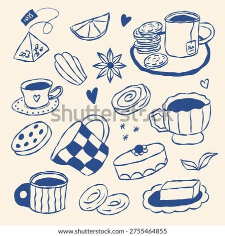 Cozy tea time illustrations in blue ink. Cups, cookies, citrus, and pastries fill the scene. Hand-drawn style evokes warmth and comfort. Perfect for cozy lifestyle or cafe-themed projects