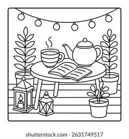 Cozy Tea Time with Plants and Lanterns - Black and White Line Art
