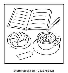 Cozy Tea Time with Plants and Lanterns - Black and White Line Art