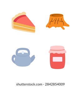Cozy tea time and rustic bakery icon set featuring slice of cake, teapot, strawberry jam jar, and felled tree log