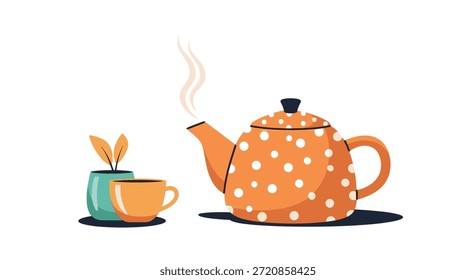 Aconchegante cena do tempo do chá com um bule quente com bolinhas, uma xícara de chá quente combinando, e uma pequena planta em vaso.