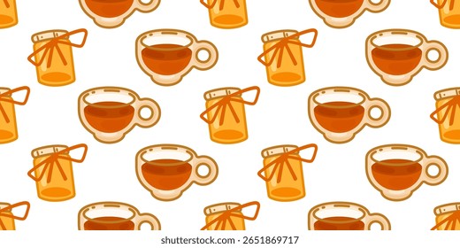 Cozy Tea Time Seamless Pattern. Cartoon tea cups and honey jars repeating on a white background. Flat warm-toned pattern with cozy, comforting atmosphere for autumn or winter themes.