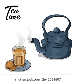 Acolhedor tempo de chá estilo vintage ilustração com Chai Cup, bolachas e chaleira
