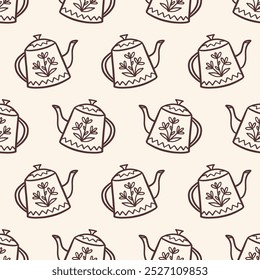 Cozy Teapot Autumn Doodle Sketch Icons Seamless Pattern Kettle Background Texture. Farm House Fall Endless Fabric Print Vector Illustration Vintage Retro Style