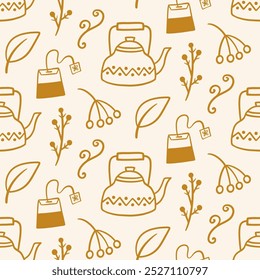 Cozy Teapot Autumn Doodle Sketch Icons Seamless Pattern Kettle Background Texture. Farm House Fall Endless Fabric Print Vector Illustration Vintage Retro Style