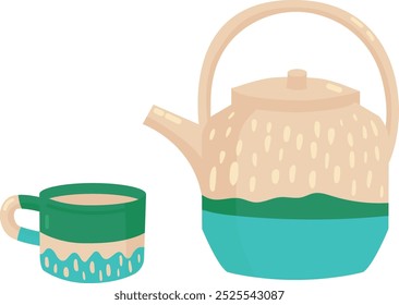 Cozy teapot and cup icon. Cute ceramic tea mug