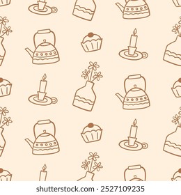 Tetera acogedora, Cupcakes Otoño Doodle Sketch Iconos decorativos de la caldera de fondo sin fisuras. Casa de campo Elementos de diseño de otoño Ilustración vectorial de impresión de tela Antiguas estilo retro