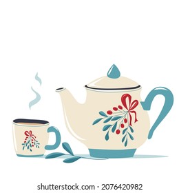 A cozy teapot with a floral pattern and a mug with herbal tea. Hello winter evenings. Vector hand-drawn illustration for print, decor, postcards