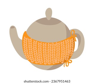 Cozy Teapot with hand made knitted cover flat vector illustration. Autumn element for Thanksgiving Day greeting card, web design