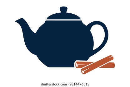 Cozy teapot silhouette vector illustration in dark blue with brown cinnamon sticks. Perfect for cafe menu designs kitchen wall art winter beverages and tea lover concepts. Simple flat style graphic on white background.