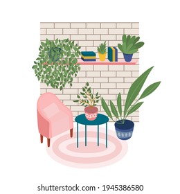 Cozy terrace interior design. Flat style living room interior. Cute armchair, little coffee table, house plants, pink rug. Vector stock illustration.