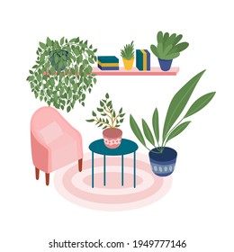 El acogedor diseño interior de la terraza. El interior de la sala de estar de estilo plano. Sillón cómodo, mesita baja, plantas de la casa, alfombra rosa. Mobiliario de salón aislado. Ilustración de material vectorial.