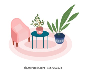 Cozy terrace interior design. Flat style living room interior. Cute armchair, little coffee table, house plants, pink rug.
