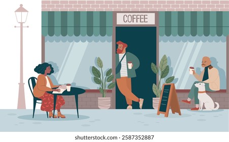 Cozy café with a terrace, people enjoying coffee, warm and friendly city morning. Flat vector illustration 
