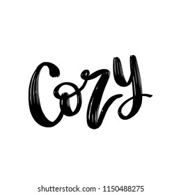 Cozy text. Only one single word. Printable graphic tee. Design doodle for print. Vector illustration. Black and white. Cartoon hand drawn calligraphy style.