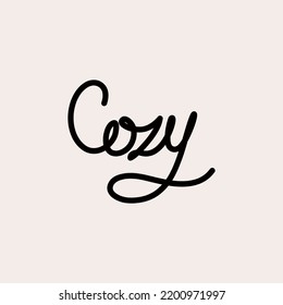 Cozy text. Only one single word. Printable graphic tee. Design doodle for print. Vector illustration. Black and white. Cartoon hand drawn calligraphy style.