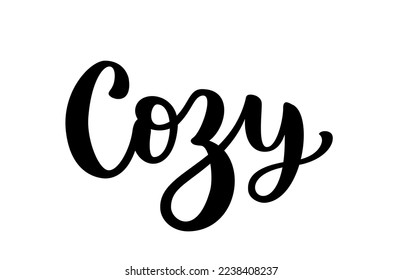 Cozy text. Only one single word cozy. Printable graphic tee. Design doodle for print. Vector illustration. Black and white. Cartoon hand drawn calligraphy style.