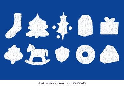 Cozy textured set of traditional winter elements. Christmas and New Year vector decorations. Christmas tree, warm socks, holly, small houses, ornaments. Holiday hand-drawn seasonal spot illustrations 