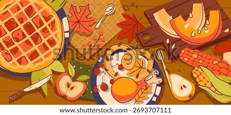 Cozy thanksgiving dinner spread with pumpkin pie, roasted turkey leg and corn for autumn celebrations or harvest festivals. Apple slices, pear and maple leaves on wooden table. Seasonal feast.