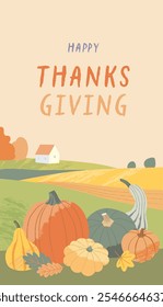 Cozy Thanksgiving harvest illustration with pumpkins and gourds set and a scenic autumn countryside. Greeting card vertical design in modern flat style with textures. Vector