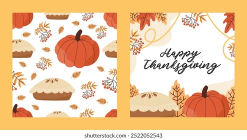 Cozy Thanksgiving vector set with pumpkins, pies, autumn leaves and festive elements in warm. Cute illustrations in traditional home thanksgiving style. For autumn banners, social media patterns.