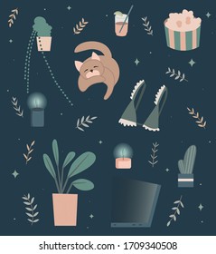 Cozy things set on dark background. 