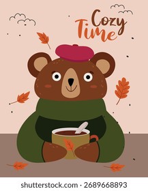 Oso del tiempo acogedor que sostiene una taza de café que lleva una boina