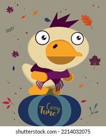 Cozy Time card design with a cute Duck with a Scarf and Pumpkin