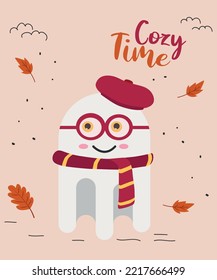 El Cosy Time es un lindo y plano diseño Fantasma con Glasses, Beret y Scarf. Hoja de fondo y nubes