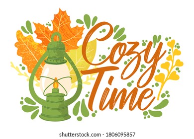 Gemütliches Time - Herbsttypografie-Zitate mit Herbstelementen. Vektorziffern mit Herbstblättern, Beeren und Laterne. Einzeln auf weißem Hintergrund. 