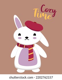 Cozy Time greeting card with a cute flat design Bunny with a Scarf and Beret. Ideal for posters, postcards, invitations, and banners.