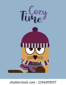Tarjeta de saludo Cosy Time.Diseño plano lindo Cat con sombrero y bufanda también una taza de bebida caliente. 