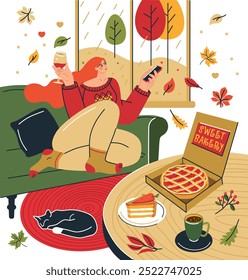 Cozy time at home. A girl in a sweater on the couch autumn window autumn scene pie tea wine cat interior