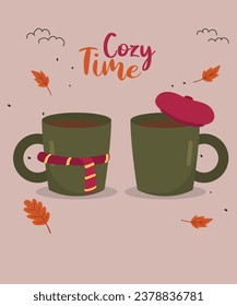  Cozy Time Illustration with Two Cups of Coffee and a Beret,Scarf,Leaves
