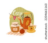 Cozy time vector hand drawn concept illustration about autumn season with teapot, honey and cup