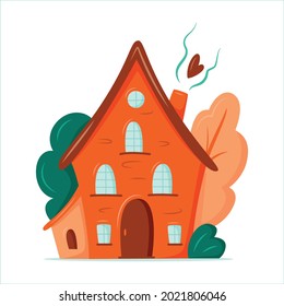 Cozy tiny house. Autumn concept. Vector isolated house in flat cartoon style with trees for greeting cards, poster, souvenirs
