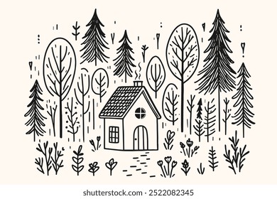 Cozy tiny house in forest surrounded by trees. Home Sweet Home. Cute cartoon little house in minimalist hand drawn black and white style for decoration, greeting card, postcard. Vector illustration