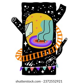 A cozy tiny house in a tree decorated with a cosmic pattern. A room with an armchair in a hollow. Cartoon vector illustration in doodle style