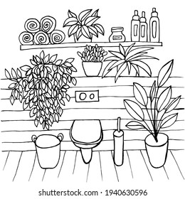 Cozy toilet interior coloring page. Hand drawn coloring with wc interior. Bathroom furniture, plumbing, houseplants, bottles, towels.