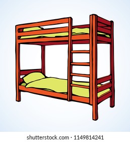 Cozy top trendy empty 2 flat brown wood bedstead on white kidsroom backdrop. Bright color hand drawn bunkbed logo emblem sketchy in art retro scribble style. Closeup view with space for text