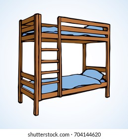 Cozy top trendy empty 2 flat brown wood bedstead on white backdrop. Bright color hand drawn logo sketchy in art retro scribble cartoon style. Closeup view with space for text