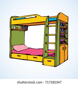 Cozy top trendy empty 2 flat orange and green wood bedstead on white backdrop. Vibrant color hand drawn logo sketchy in art retro scribble cartoon style. Closeup view with space for text