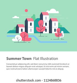 Cozy Town, Row Of Houses By The River With Trees, Residential Building, River Side Settlement, Green Neighborhood, Real Estate Development, Flat Design Vector Illustration