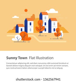 Cozy town, row of houses by the river with trees, residential building, river side settlement, green neighborhood, real estate development, flat design vector illustration